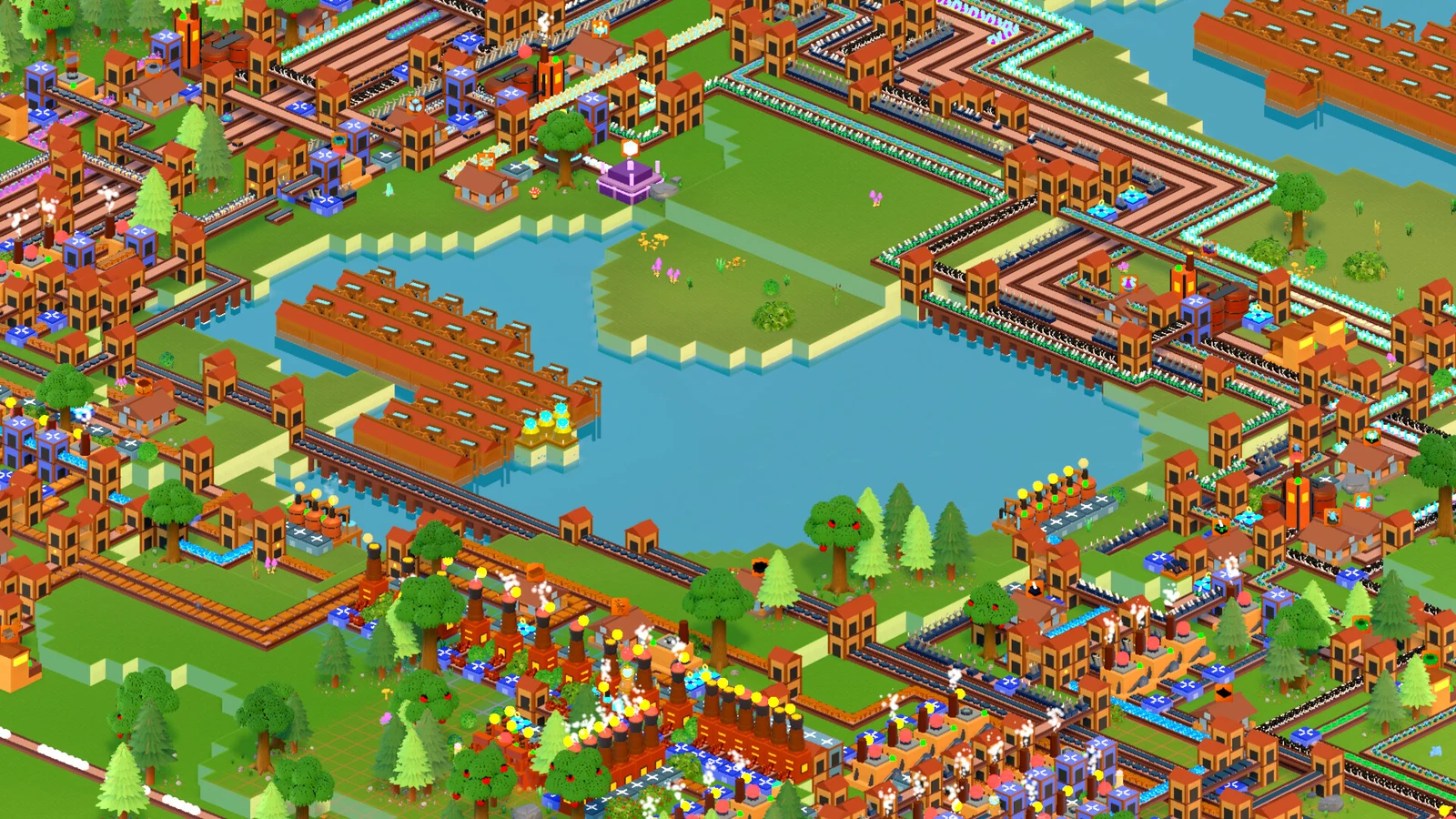 Isometric Arcaneering factory buildings and conveyor belts surrounding a lake