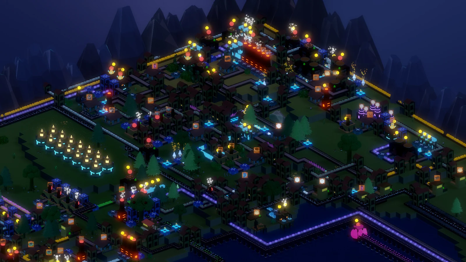 Arcaneering factory at night, with glowing machines and illuminated conveyor belts