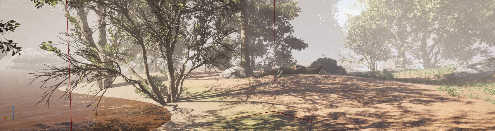 Early editor view of a wooded lakeside clearing with dappled light and visible editor guides