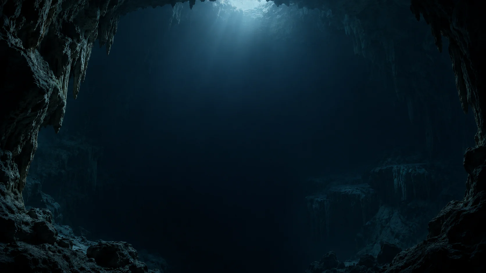 Illustrated underwater cave, with daylight filtering into dark water