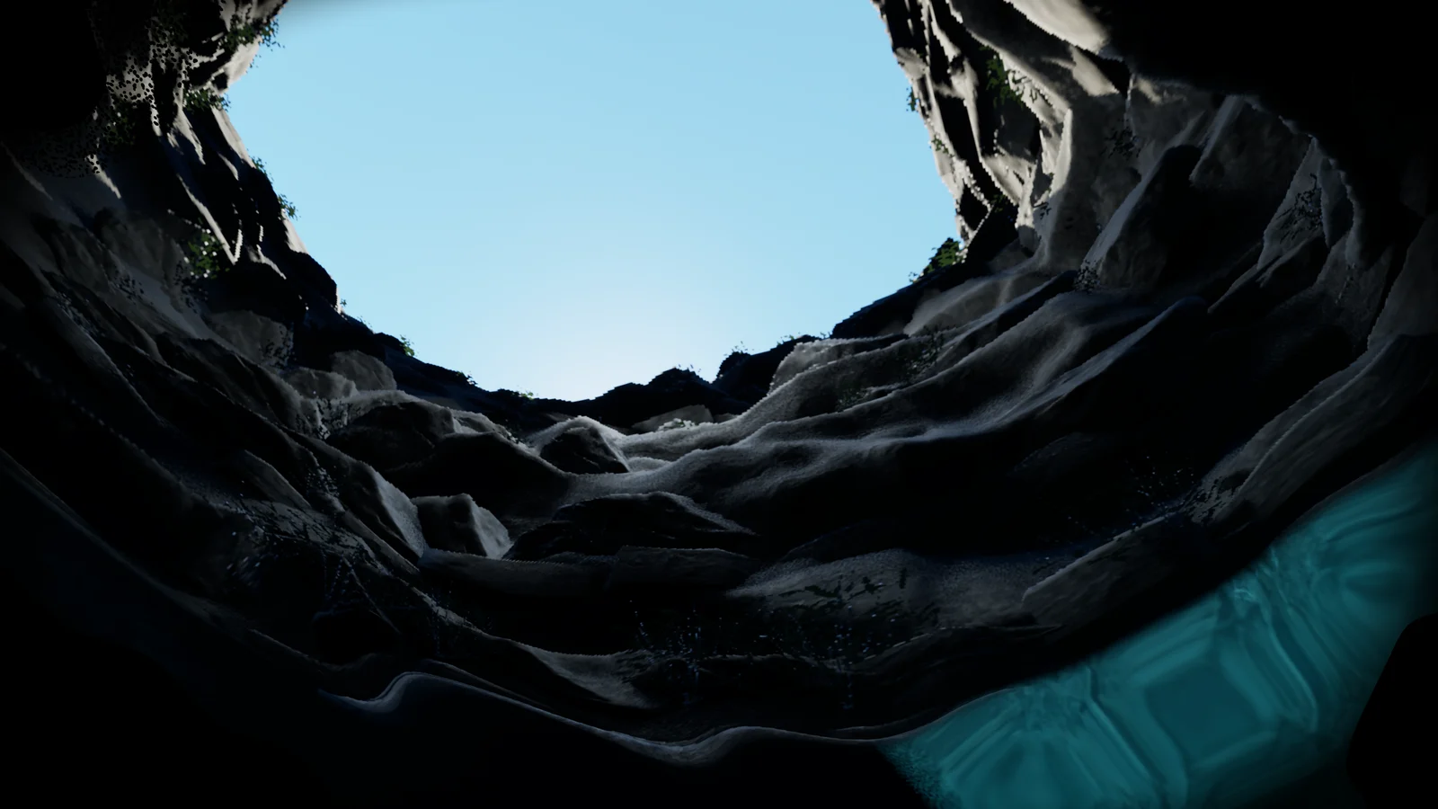 Daylight and rocky cave entrance seen from beneath the water surface