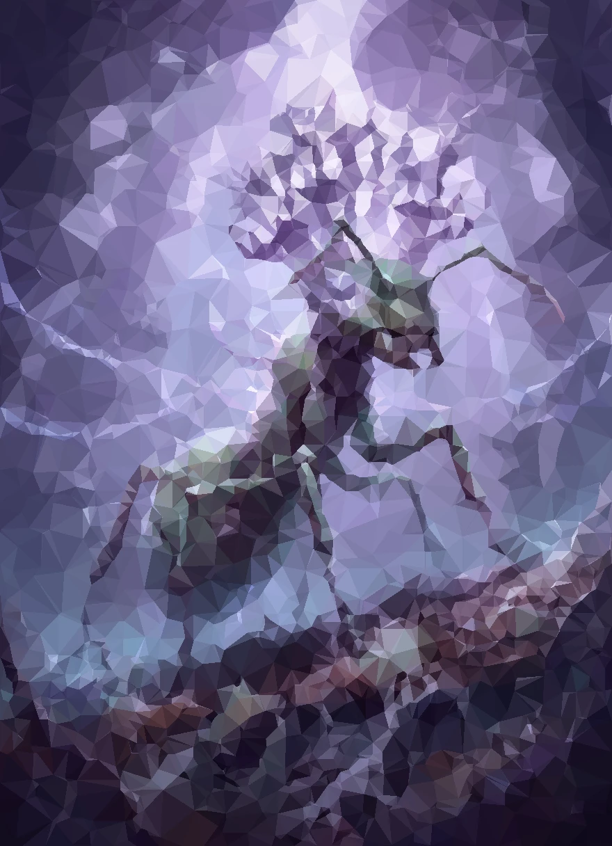 Cordyceps Puppeteer insect with branching fungal growths, rendered in faceted violet shapes