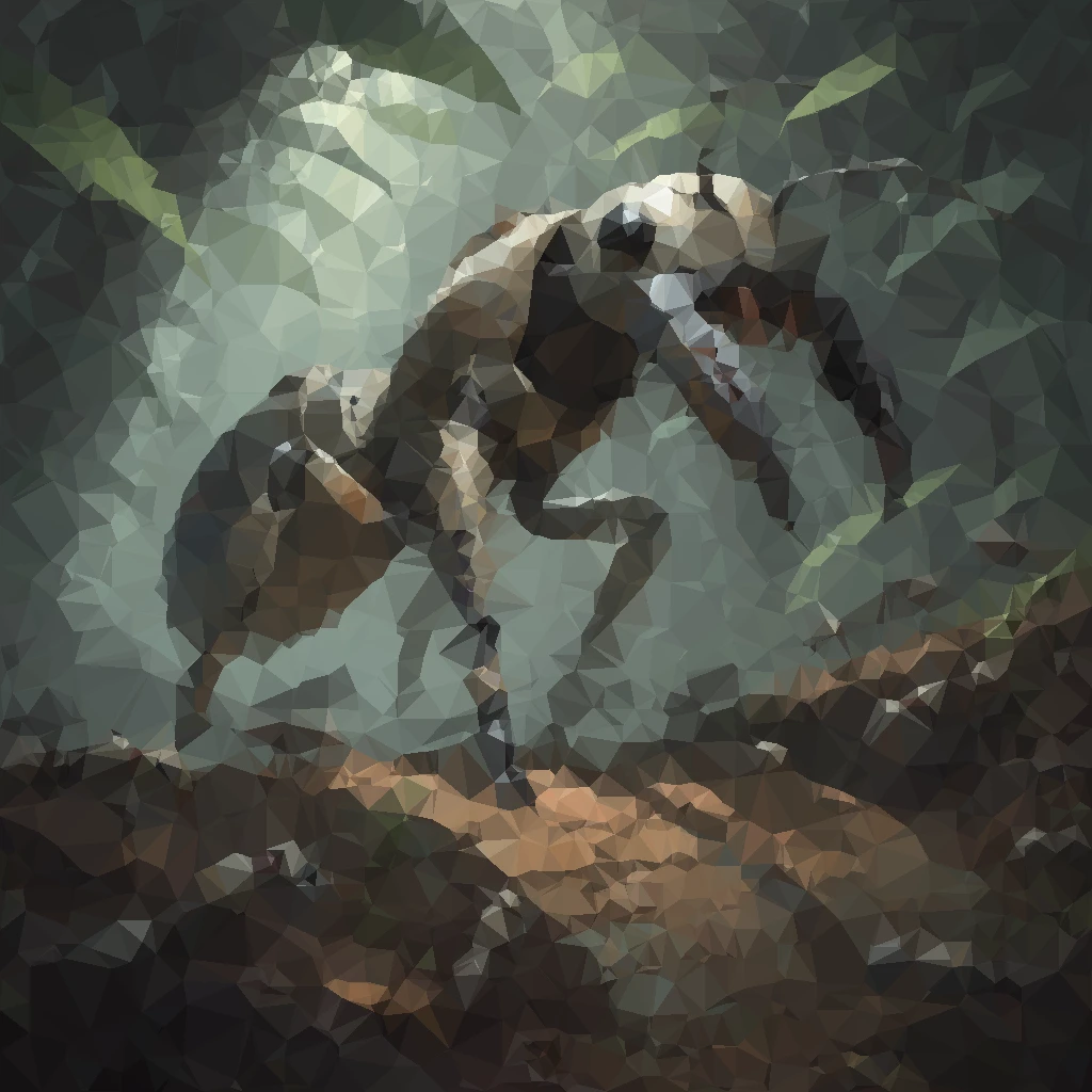 Driver Ant Queen above the forest floor, rendered in faceted shapes