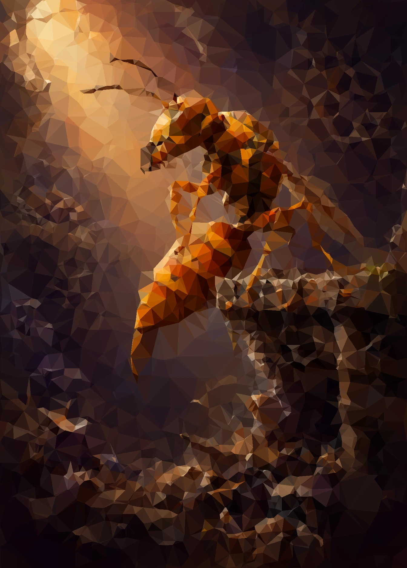 Faceted amber Executioner Wasp artwork, with the insect poised among dark rocks