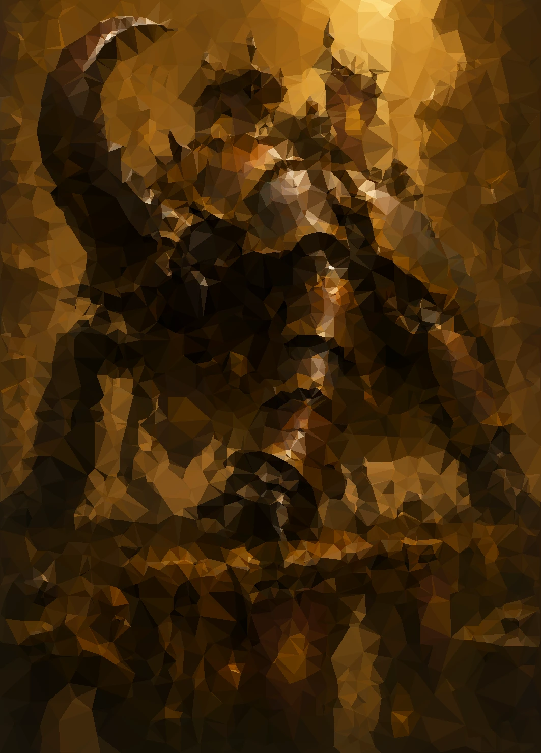 Hercules Colossus beetle with a prominent horn, rendered in angular ochre and dark brown shapes