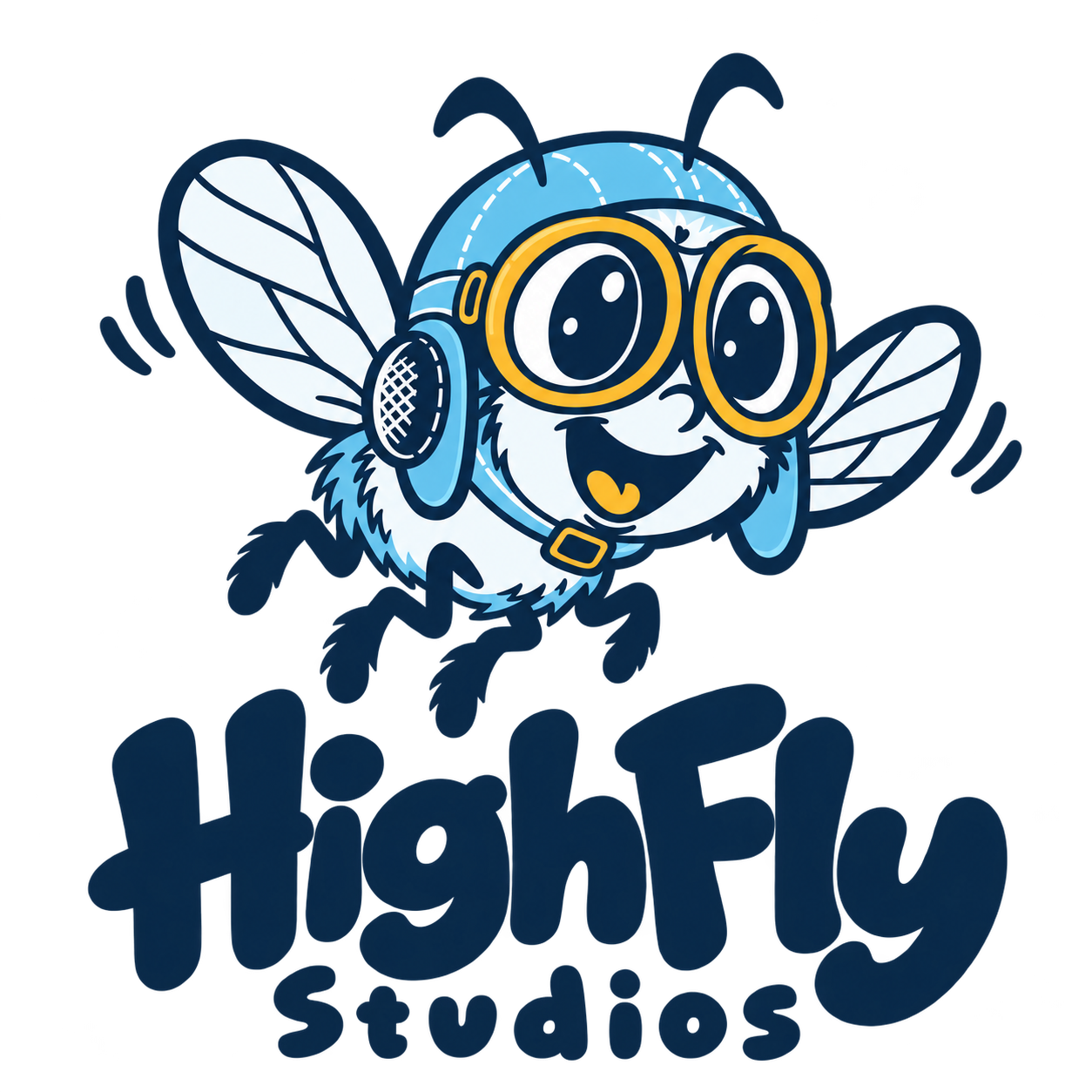 Our happy aviator fly above the original HighFly Studios lettering